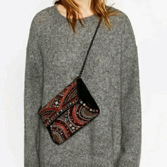 ZARA LIMITED EDITION EMBROIDERED VELVET BAG Crossbody chain bohemian gypsy bag - Picture 9 of 10